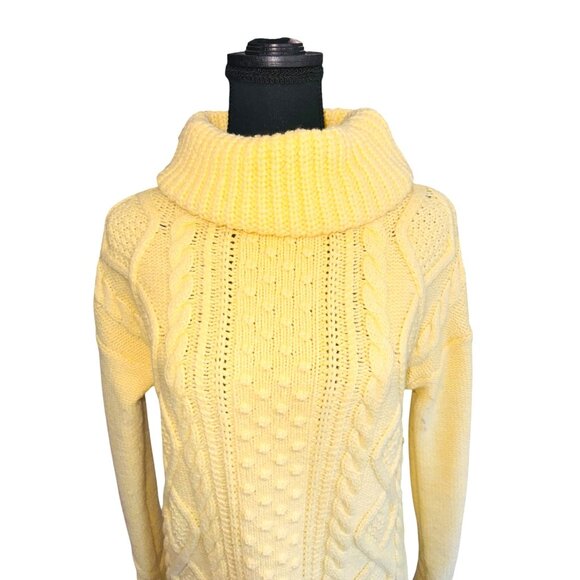 Lands End Yellow Heavy Cable Knit Cowl Neck Sweater Oversized Fisherman Cotton - Picture 6 of 11